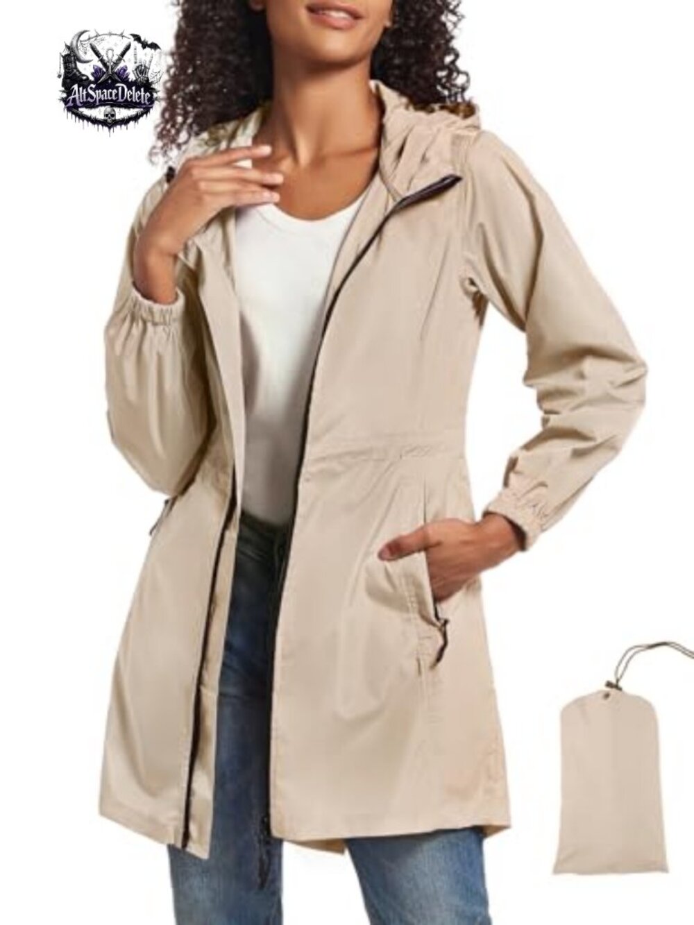 Packable Waterproof Long Rain Jacket with Hood Trench Raincoat